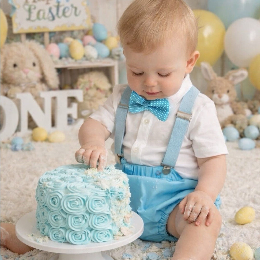 Baby Blue first birthday Easter bloomer, Bow Tie and Suspender Set 100% cotton